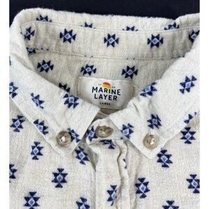 Marine Layer Mens Flannel Button Shirt Cream Navy Geometric Print Size L Outdoor